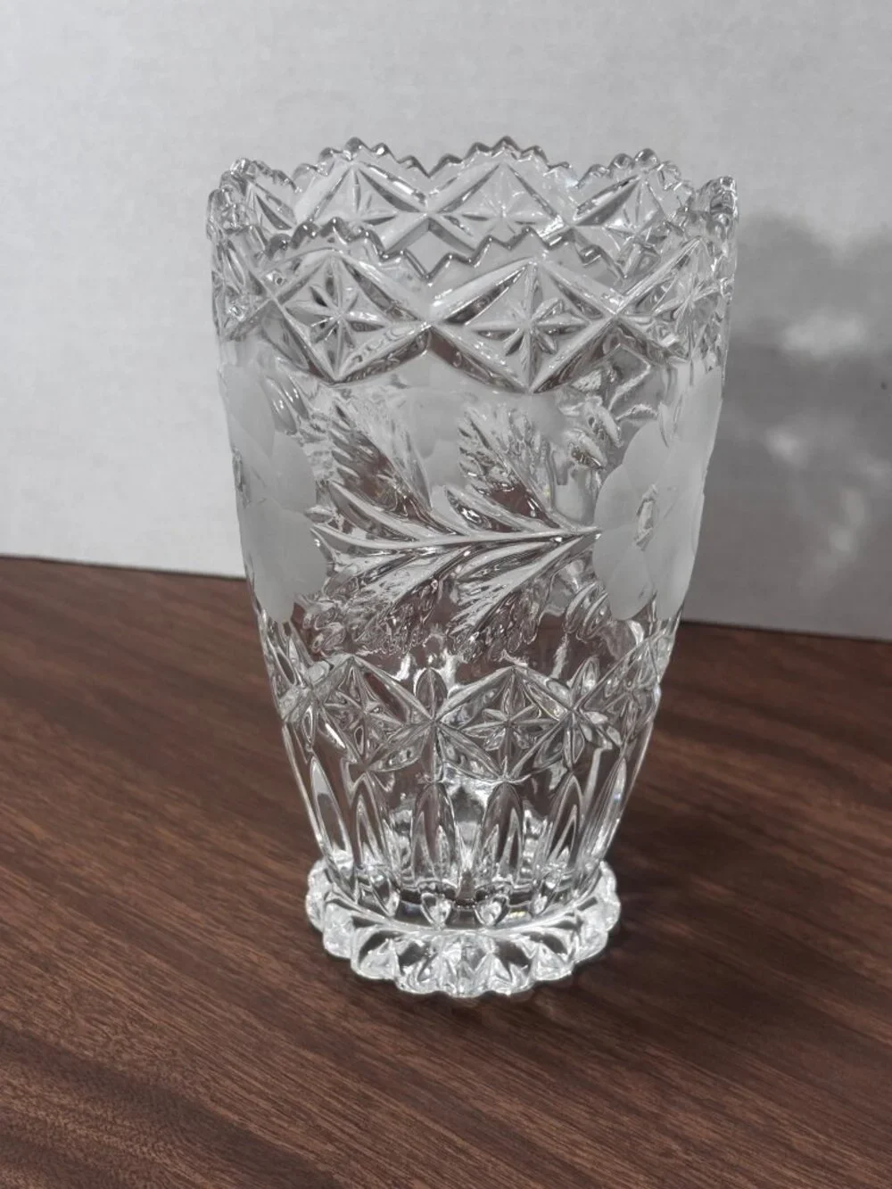 Imperlux 24% Lead Crystal Vase With Etched Frosted Floral Pattern VTG 80s